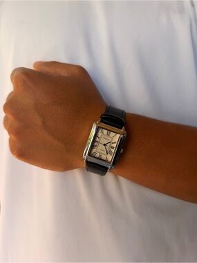 Rolex Men’s Watch with Black Leather Strap and Silver Case